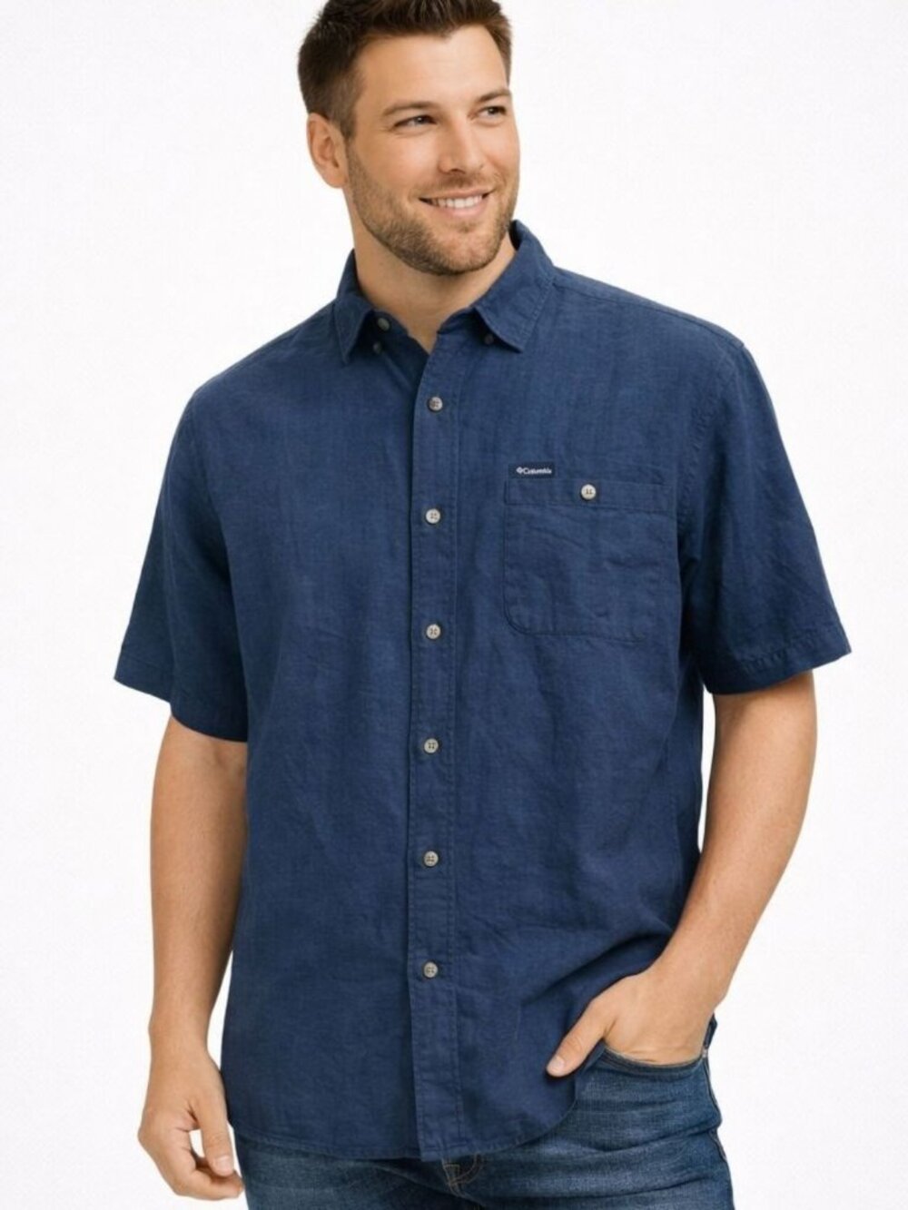 Columbia Mens Shirt Cotton Ramie Navy Blue Lightweight Button Front Size XL
